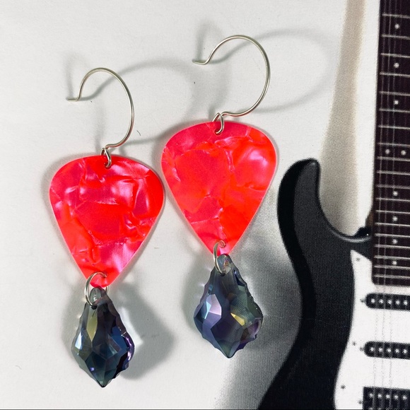 Custom OOAK neon pink marbled guitar pick earrings with sterling silver! - Picture 1 of 2